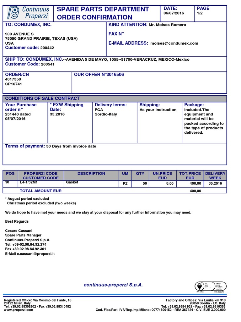 Spare Parts Department Order Confirmation: Continuus-Properzi S.p.A ...