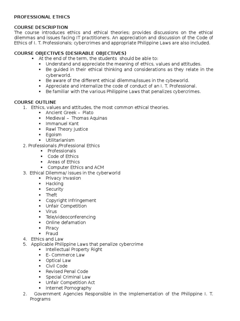 PROFESSIONAL ETHICS Course Outline | PDF