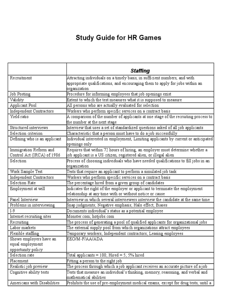 Study Guide For HR Games: Staffing | PDF | Human Resources | Employment