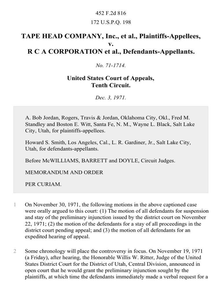 Tape Head Company, Inc. v. R C a Corporation, 452 F.2d 816, 10th Cir