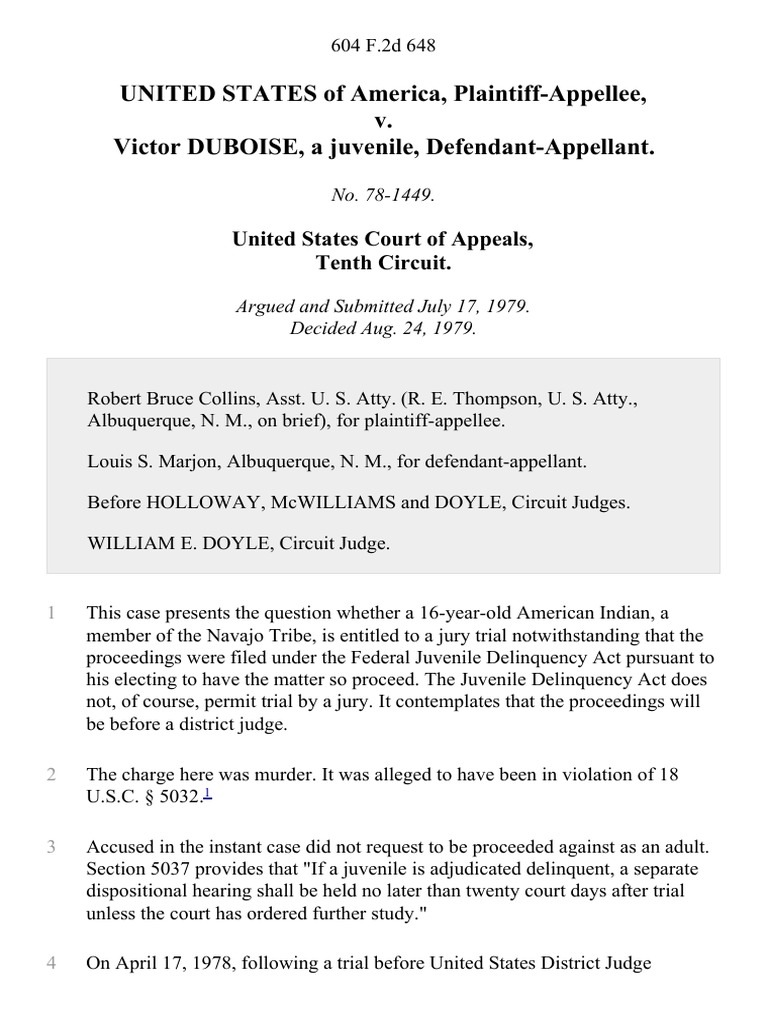 United States v. Victor Duboise, A Juvenile, 604 F.2d 648, 10th Cir