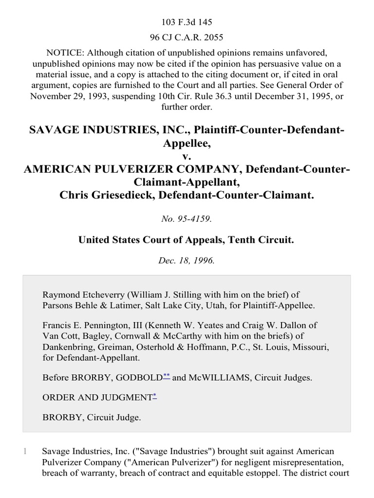 Savage Industries, Inc., PlaintiffCounterDefendantAppellee v