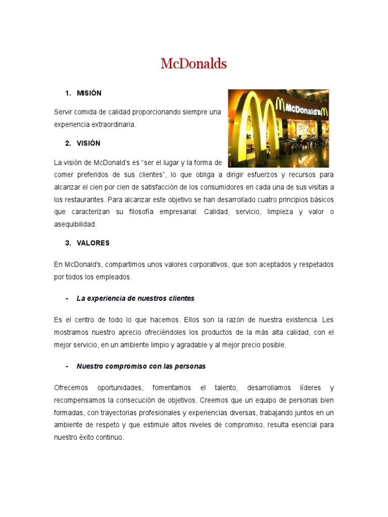 Misión, Visión y Valores de McDonald's | PDF | Mc Donald's | Calidad ...