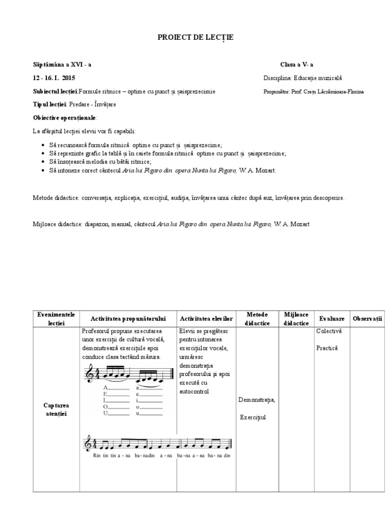 Clasa A V-A Formule Ritmice Optime Cu Punc Si Saispezecime | PDF