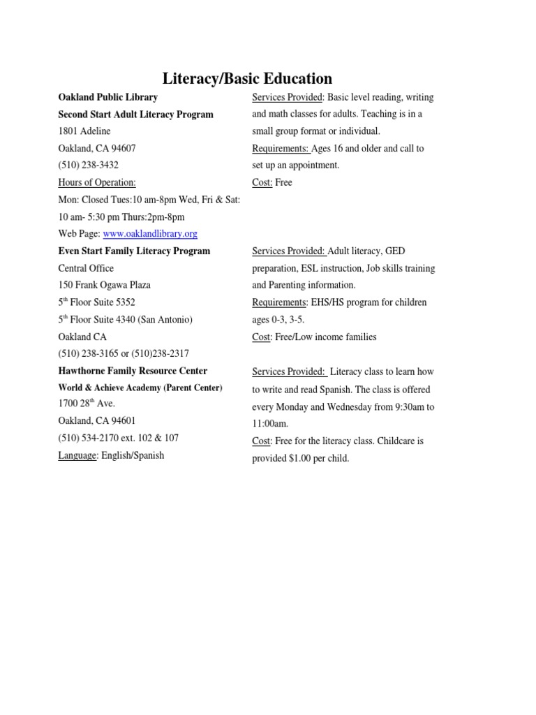 Free Adult Literacy Programs in Oakland | PDF