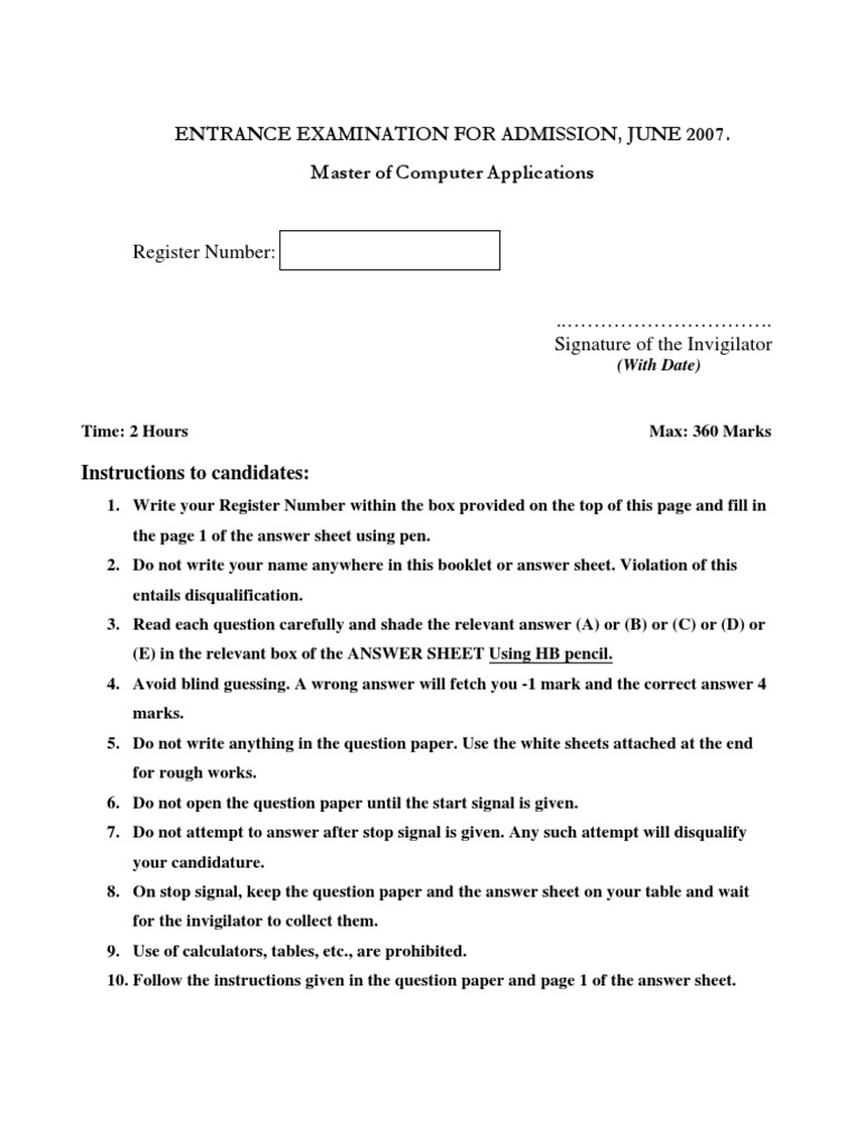 MCA Entrance Examination Question Paper PDF Computing Computing