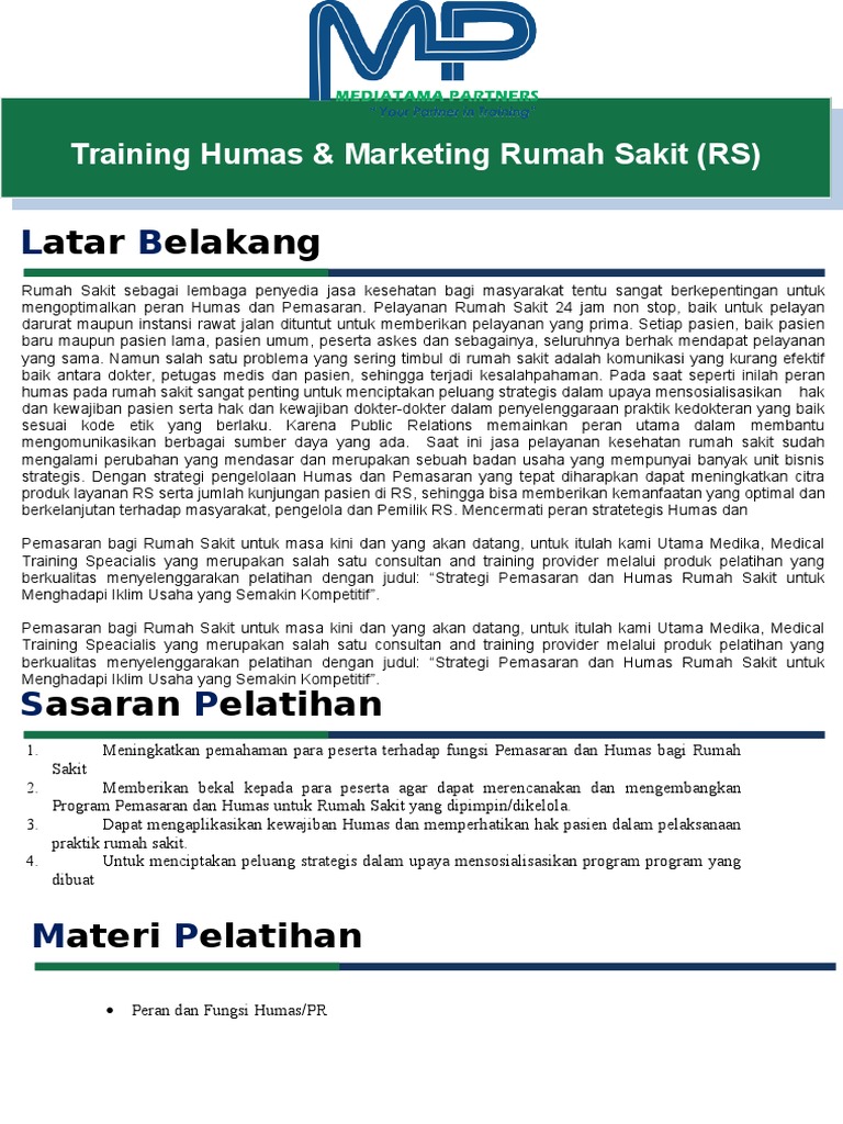 Training Humas &amp; Marketing Rumah Sakit (RS)