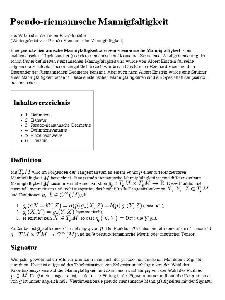 Pseudoriemannsche Mannigfaltigkeit Wikipedia