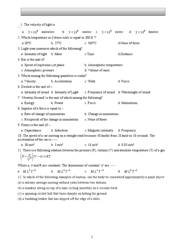 Class Test - Unts, Scalar & Vector, Motion: P+ A V V B) RT | PDF