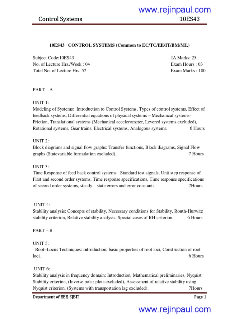 Eee IV Control Systems 10es43 Notes PDF | PDF | Control Theory ...