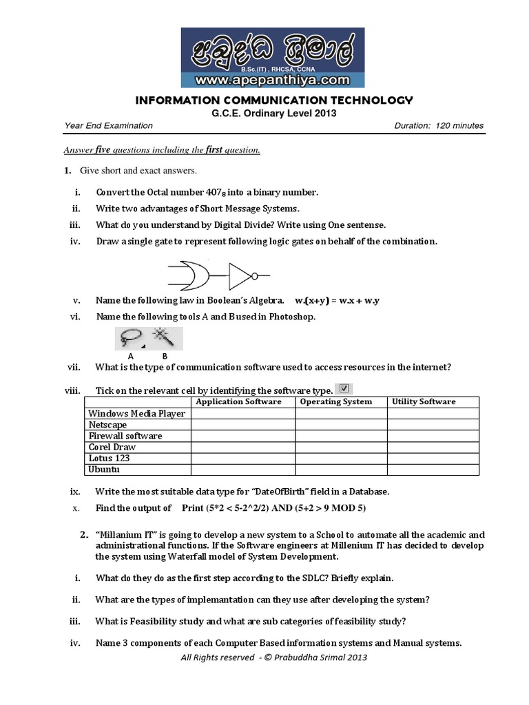 2013 OL ICT Model Paper @ | PDF | Computer Network | Internet