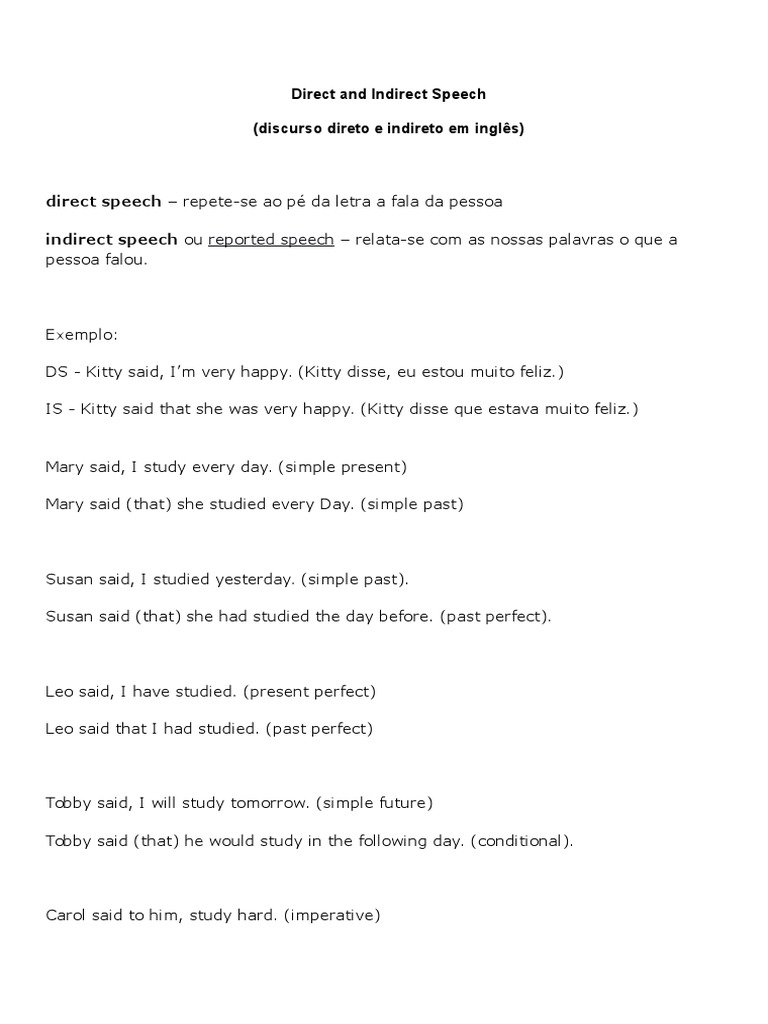 Direct and Indirect Speech Explained | PDF | Languages | Language Arts ...