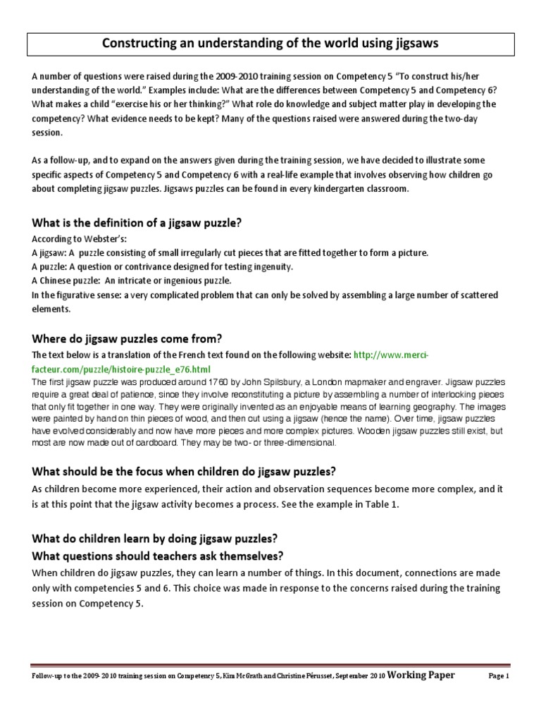 Constructing An Understanding of The World Using Jigsaws What Is The