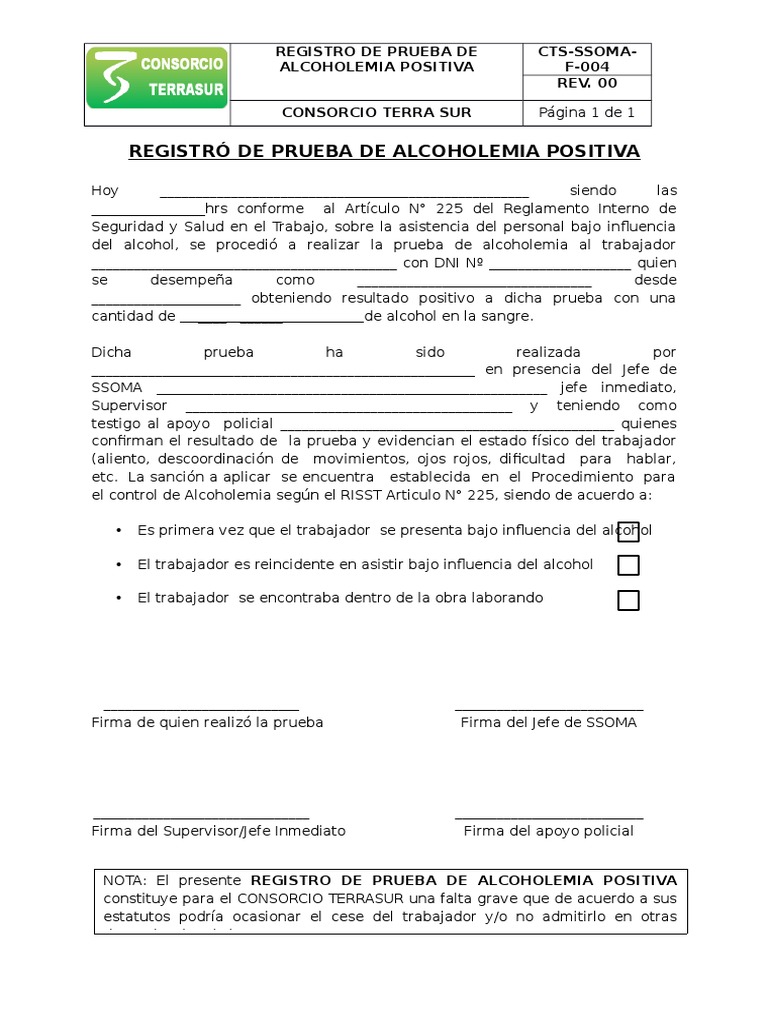Registr De Prueba De Alcoholemia Positiva PDF
