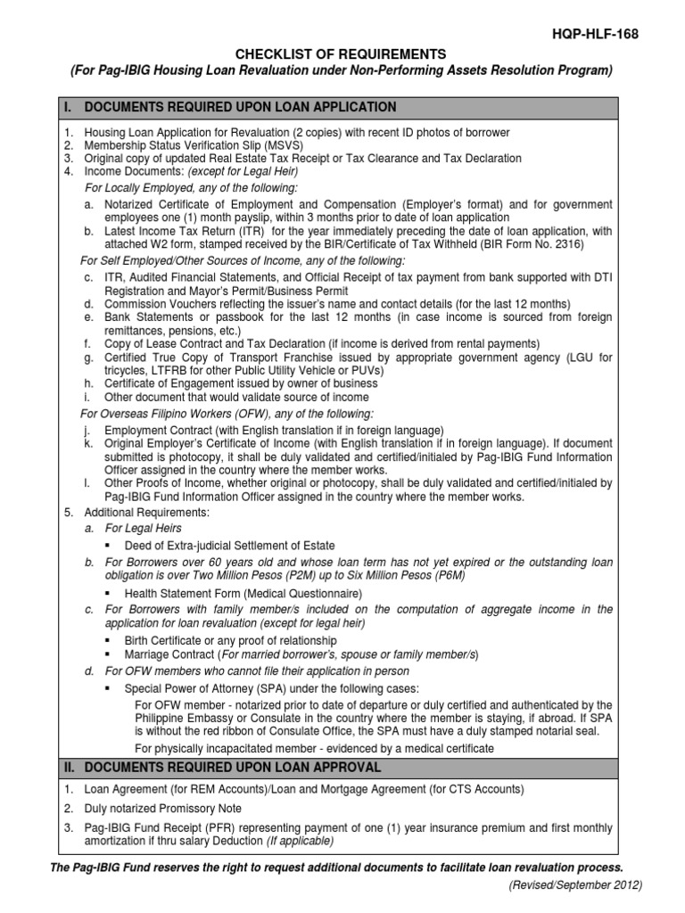 Checklist of Requirements For Housing Loan Revaluation (HQP-HLF-168 ...