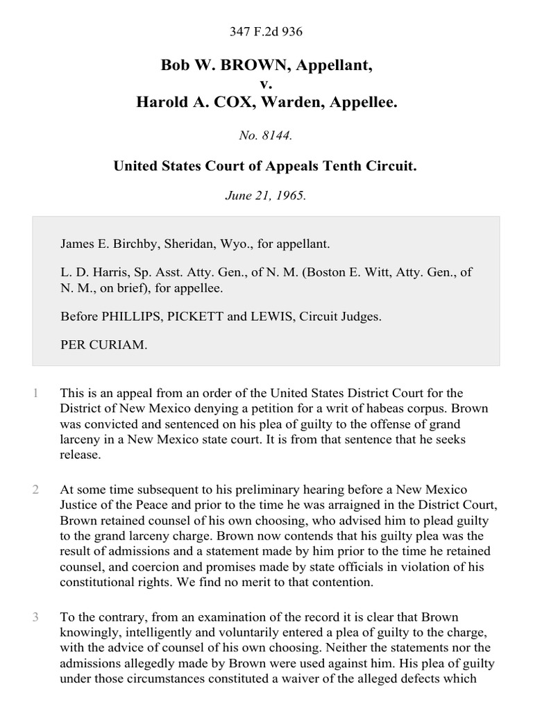 Bob W. Brown v. Harold A. Cox, Warden, 347 F.2d 936, 10th Cir. (1965) | PDF