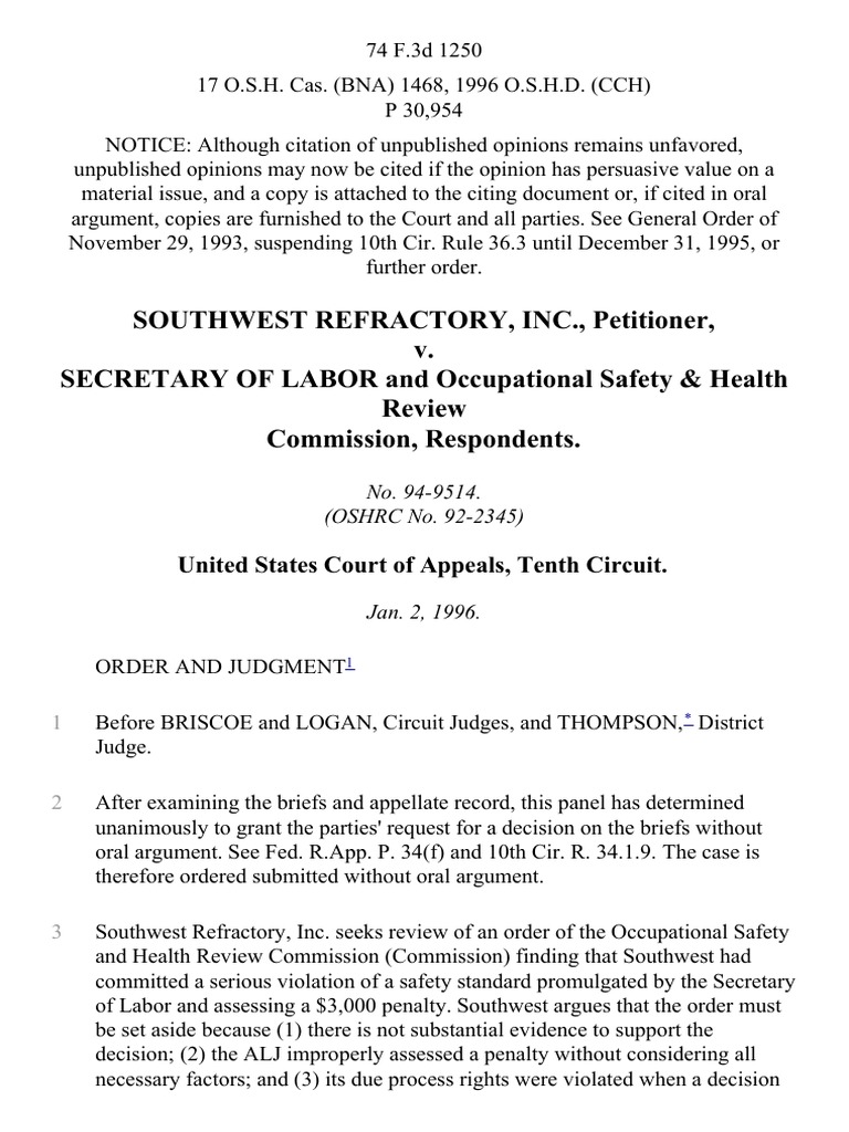 Southwest Refractory, Inc. v. Secretary of Labor and Occupational Safety & Health Review