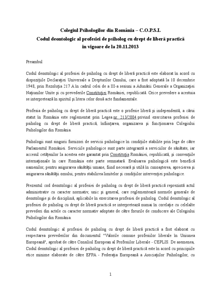Codul Deontologic Al Psihologului | PDF