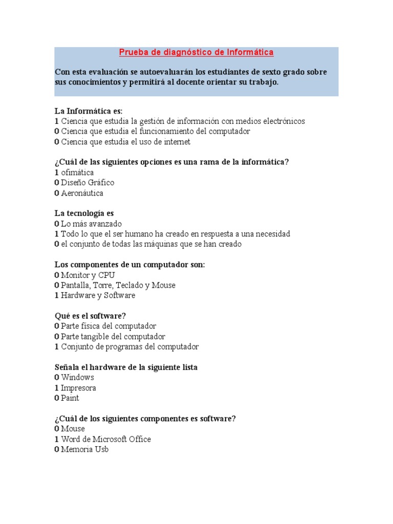 Examen de Diagnóstico de Informática primer grado de secundaria