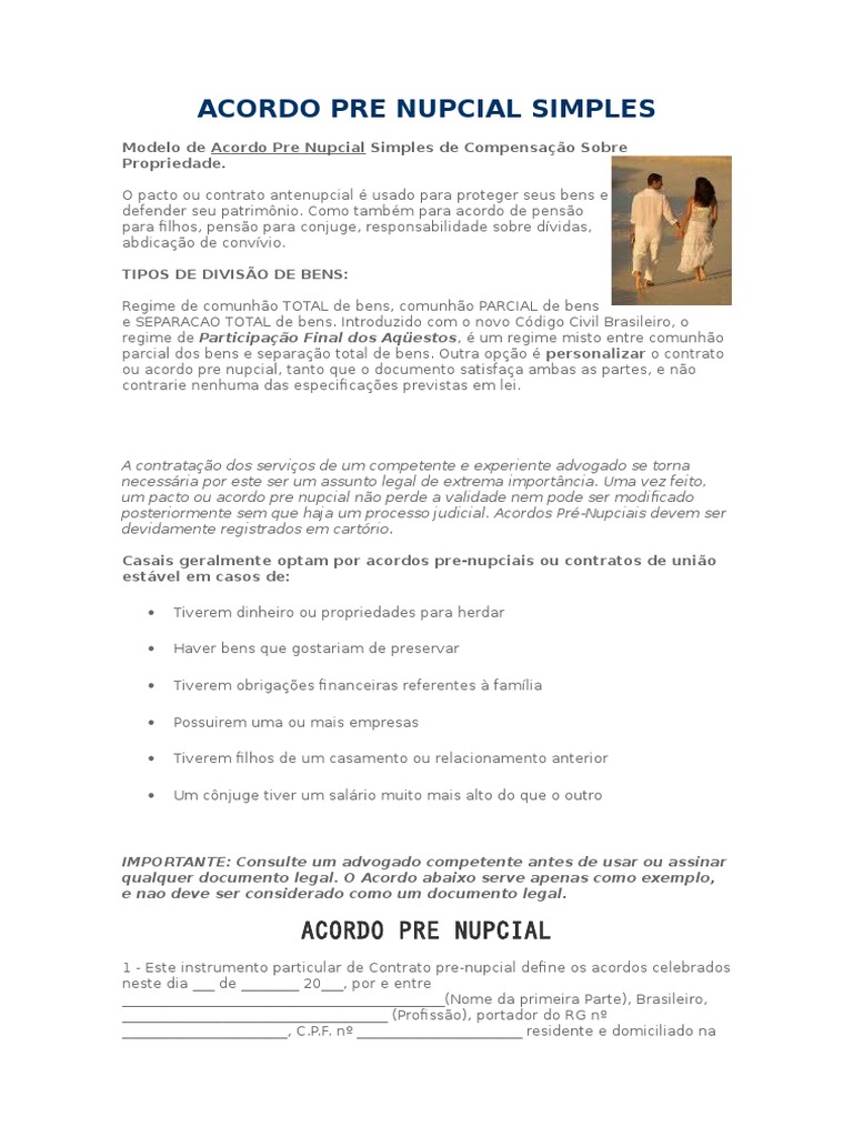Acordo Pre Nupcial Simples - Modelo | Pensão Alimentícia (Cônjuge