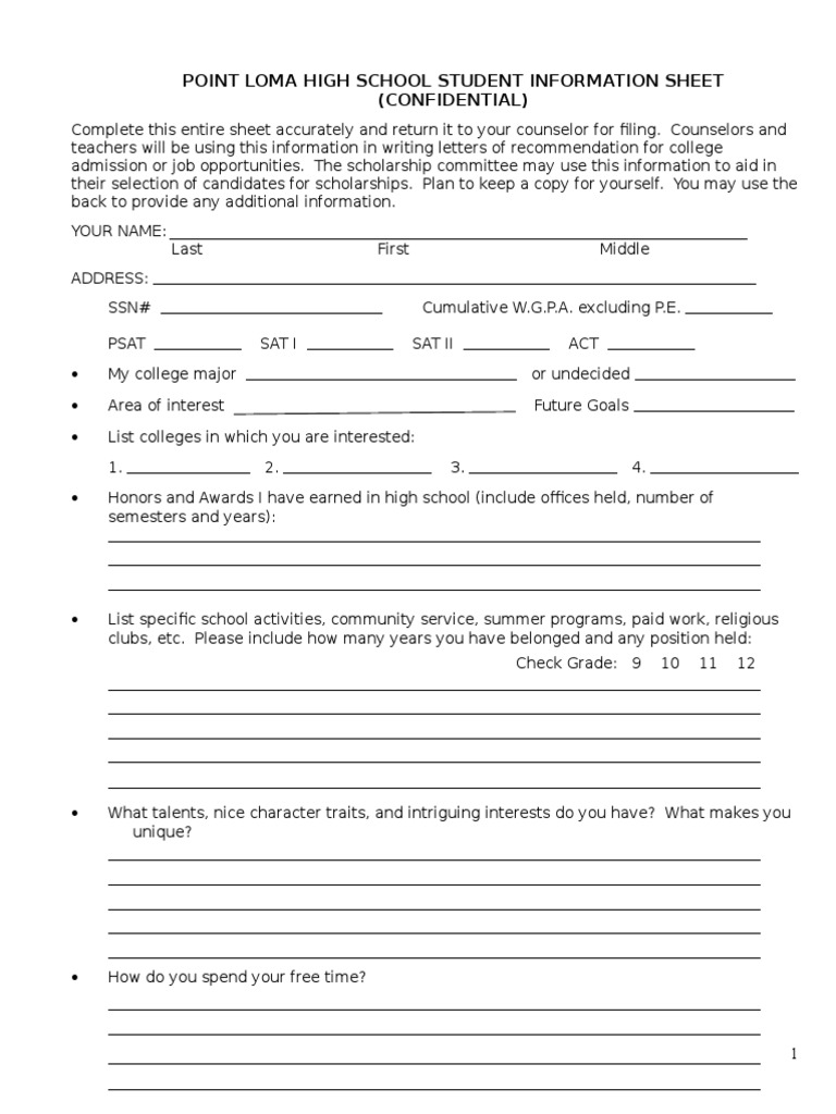Point Loma High School Student Information Sheet (Confidential) | PDF