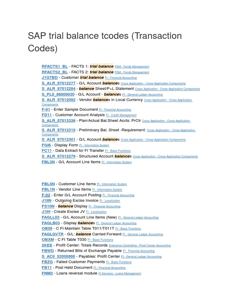 SAP Trial Balance Tcodes | PDF | Financial Accounting | Invoice