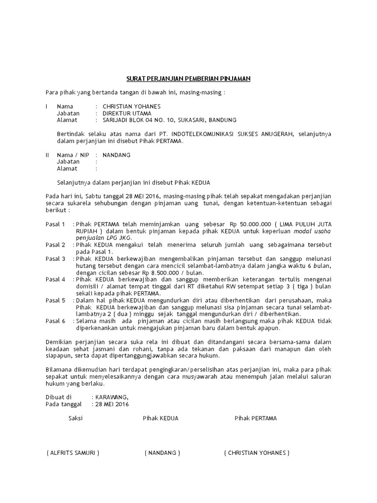 Contoh Format Surat Perjanjian Pinjam Barang