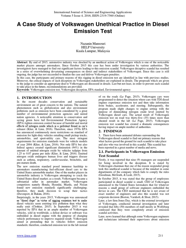 Volkswagen Diesel Emission Scandal Analysis | PDF | Volkswagen | Air ...