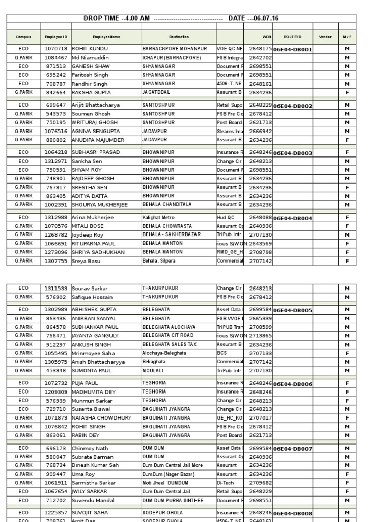 Employee Drop Time and Route Details | PDF