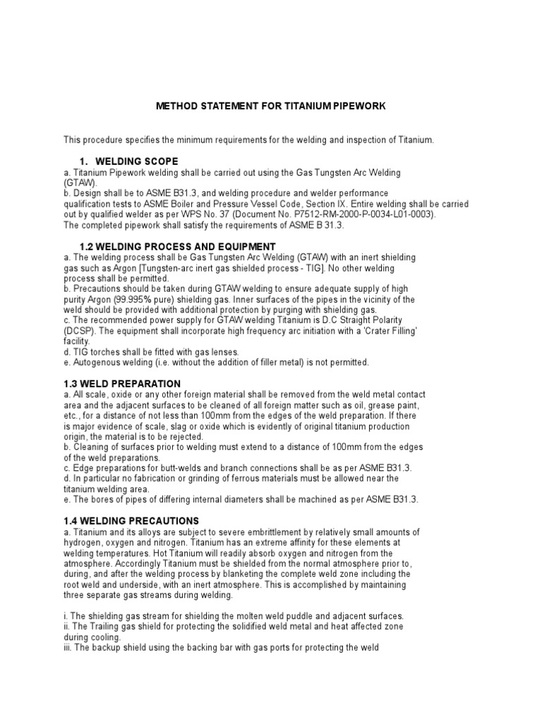 Method Statement For Titanium Pipework | PDF | Welding | Construction