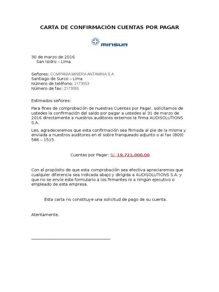 Carta de Confirmaciòn Cuentas Por Pagar | PDF