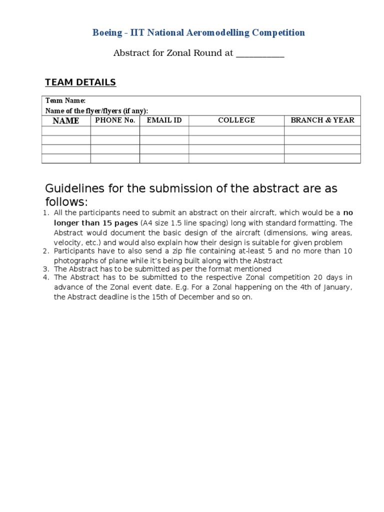 Abstract Format - Boeing - IIT National Aeromodelling Competition | PDF
