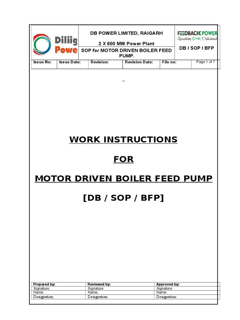 Standard Operating Procedure for Motor Driven Boiler Feed Pump Startup ...