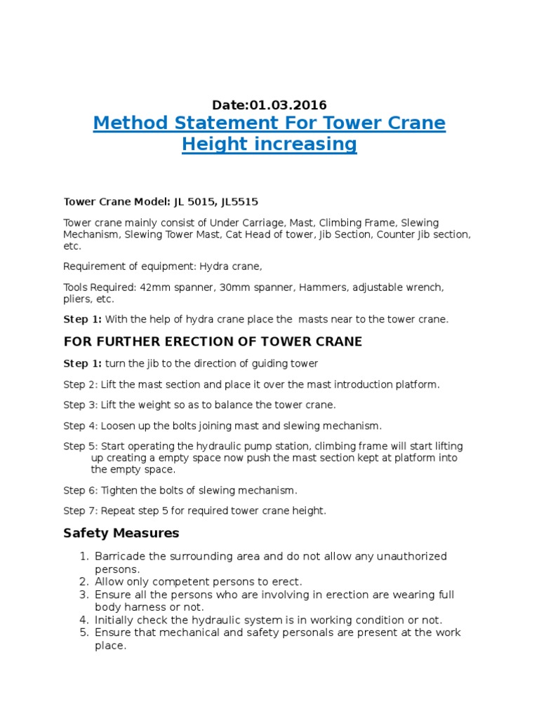 Tower Crane Height Increase Method Statement | PDF | Computers ...