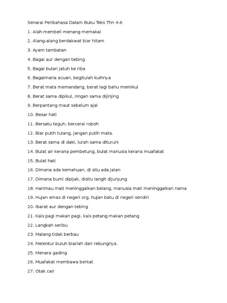 Senarai Peribahasa Dalam Buku Teks Thn 4 Docx