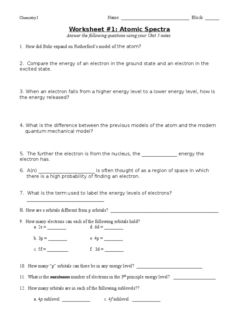 Atomic Orbital Worksheets Atomic Orbital Electron Configuration