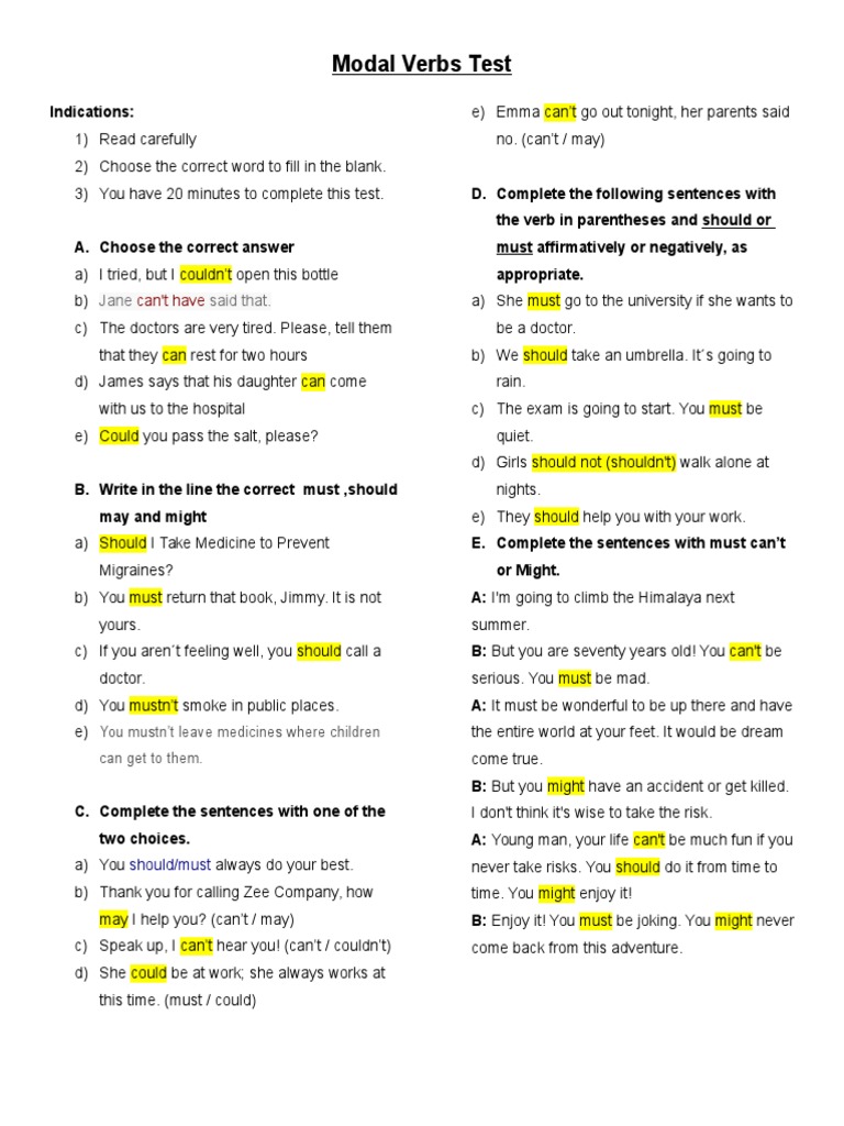 Modal Verbs Practice Test | PDF | Language Arts & Discipline | Art
