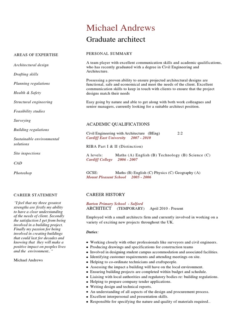 Graduate Architect Cv | Architect | Civil Engineering