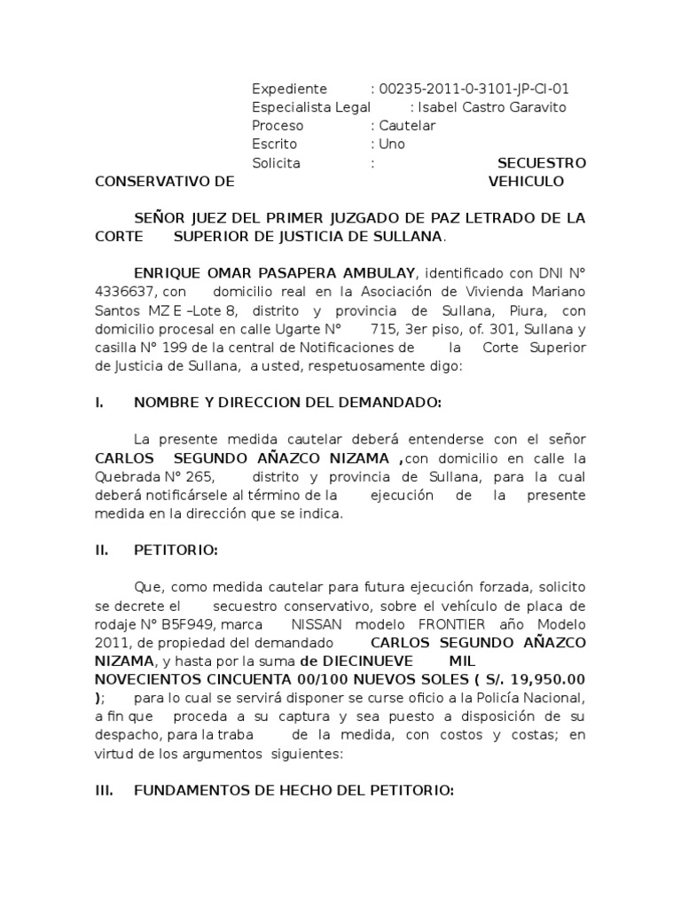Solicita Secuestro Conservativo de Vehiculo -Enrrique Pasapera -Carlos ...