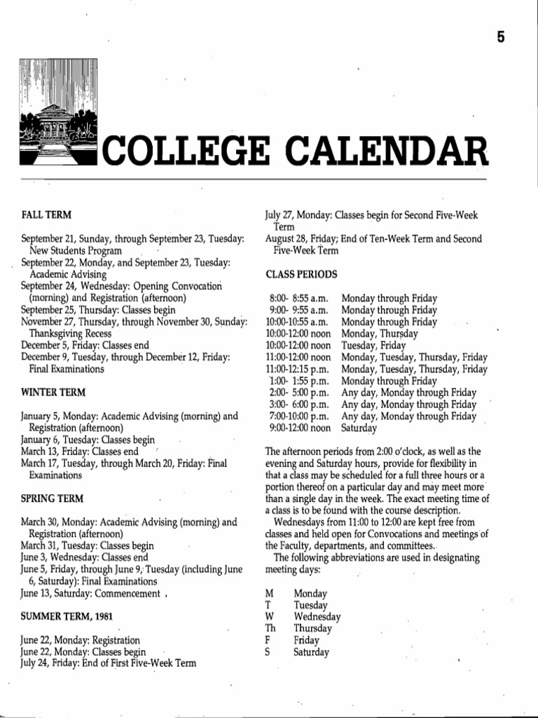 Occidental College Academic Calendar For 198081 School Year PDF