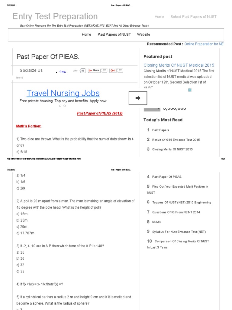 Past Paper of PIEAS | Download Free PDF | Force | Mass