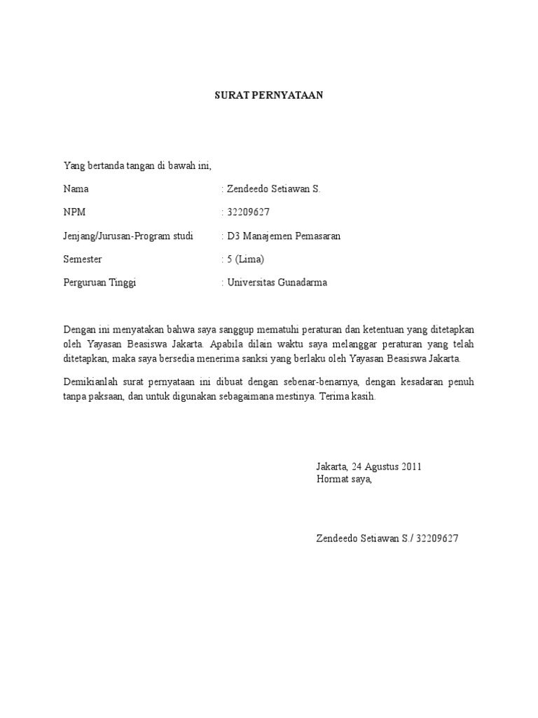 Contoh Surat Pernyataan Jaminan Bpkb