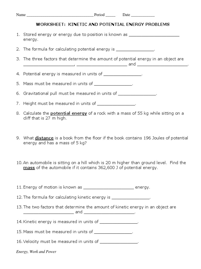 Work and Energy Worksheets PDF  Potential Energy  Kinetic Energy Intended For Work Power Energy Worksheet