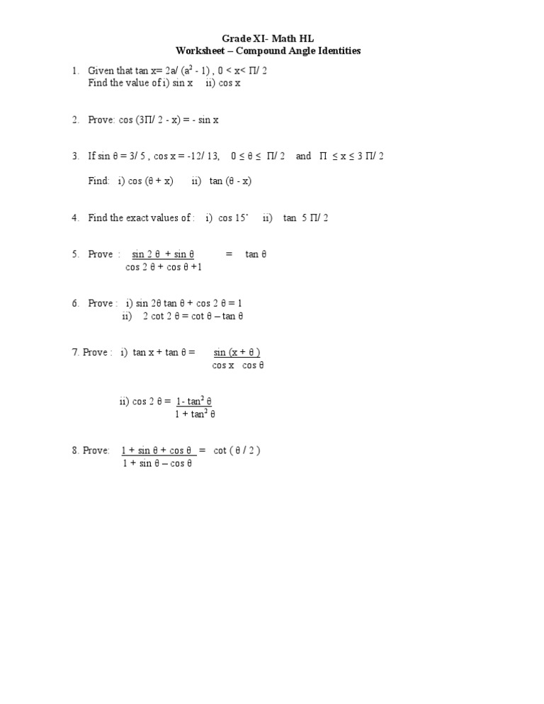 Compound Angle Identities Worksheet | PDF