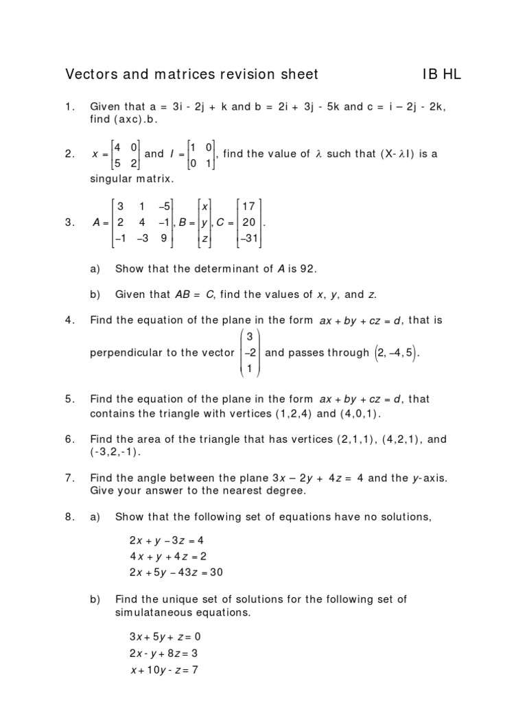 hl vectors and matrices revision | Line (Geometry) | Plane (Geometry)
