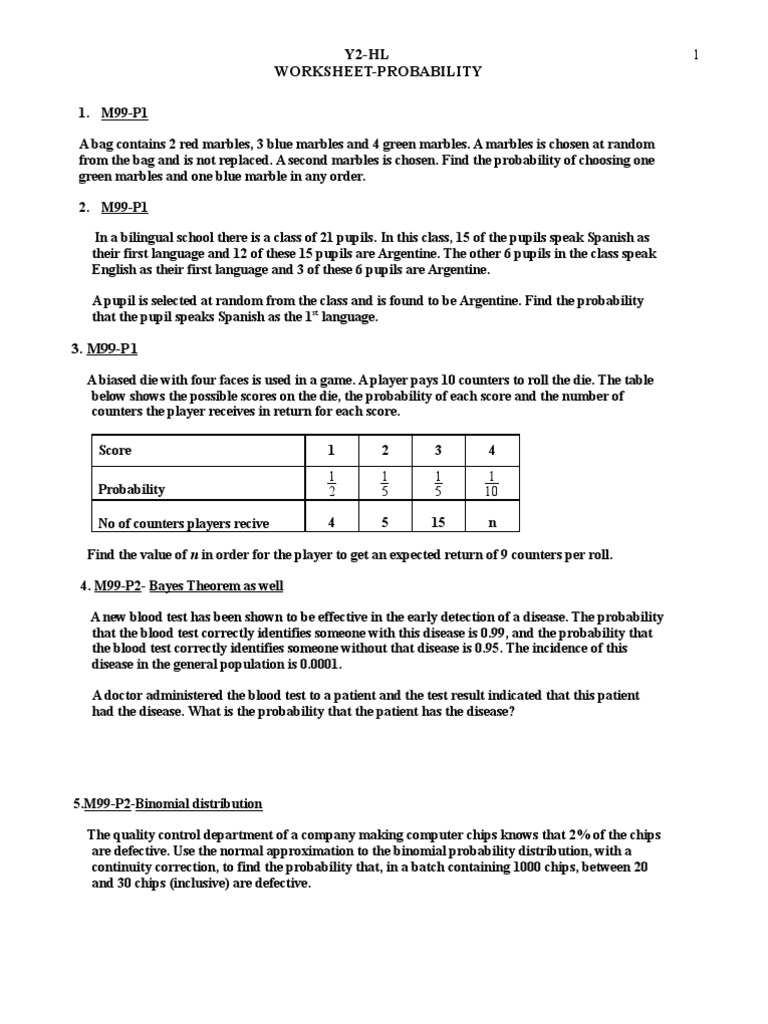 Y2-HL Worksheet-Probability | PDF | Probability Distribution | Poisson ...