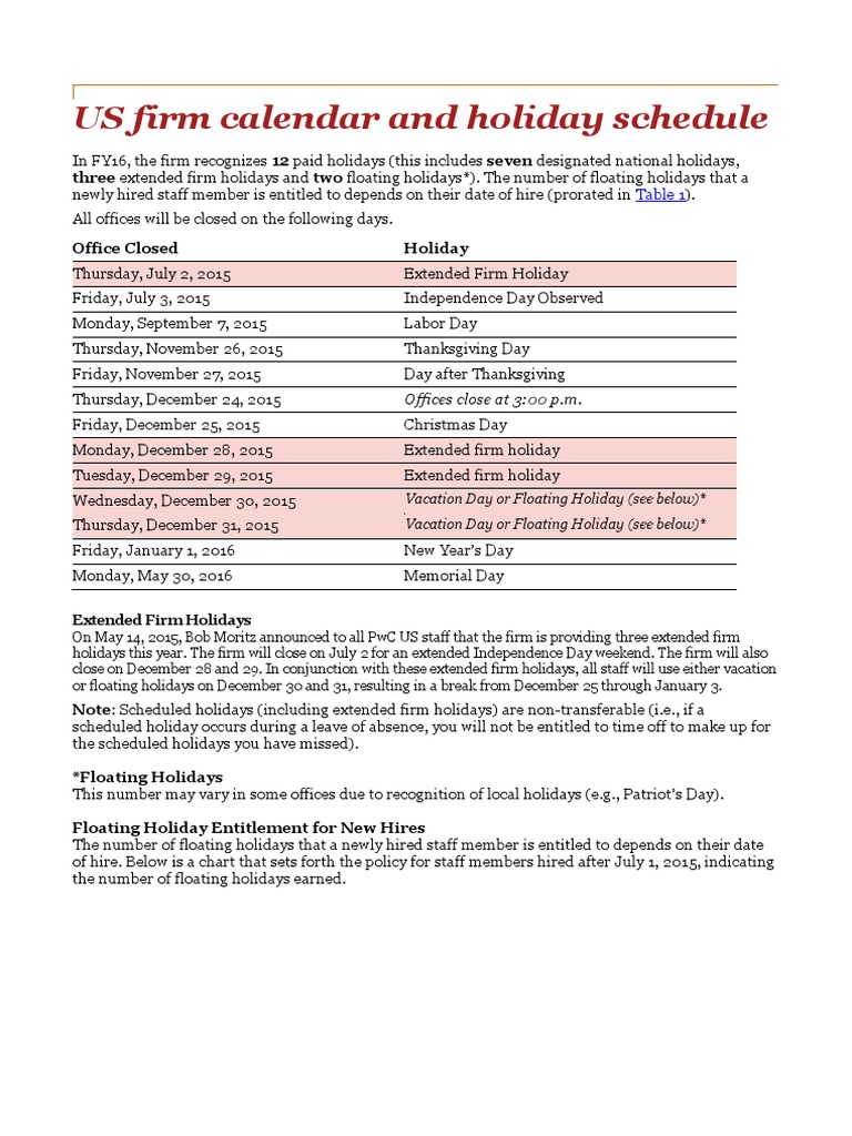 US Firm Calendar and Holiday Schedule FY16 | PDF | Holidays |  Pricewaterhouse Coopers