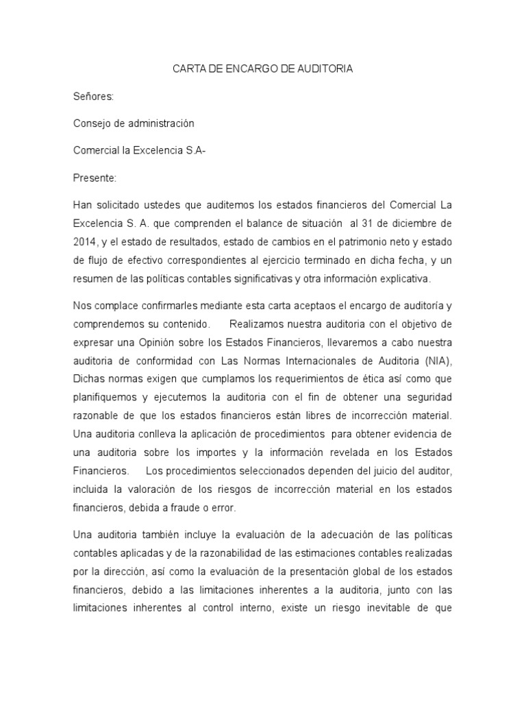 Carta de Encargo de Auditoria Estado financiero