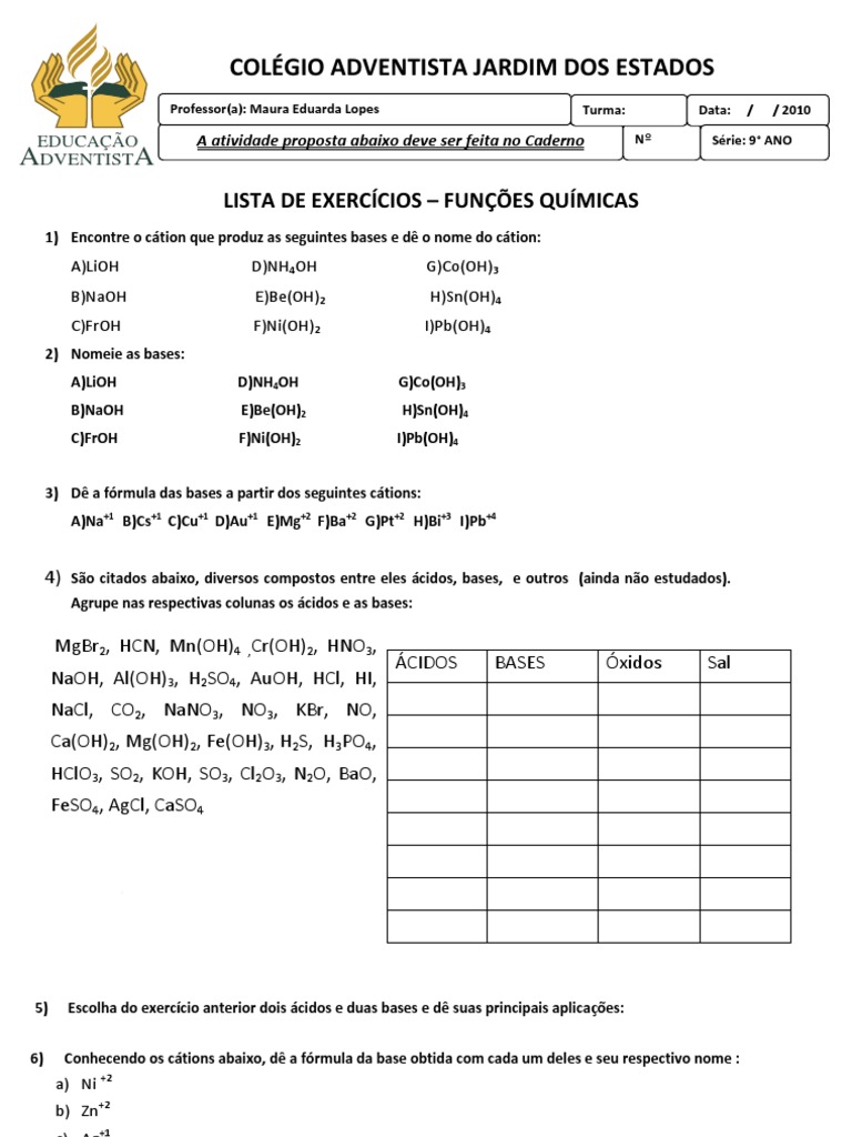 Exercícios sobre Ácidos e Bases - 9º Ano | PDF | Sal (Química) | Ácido ...