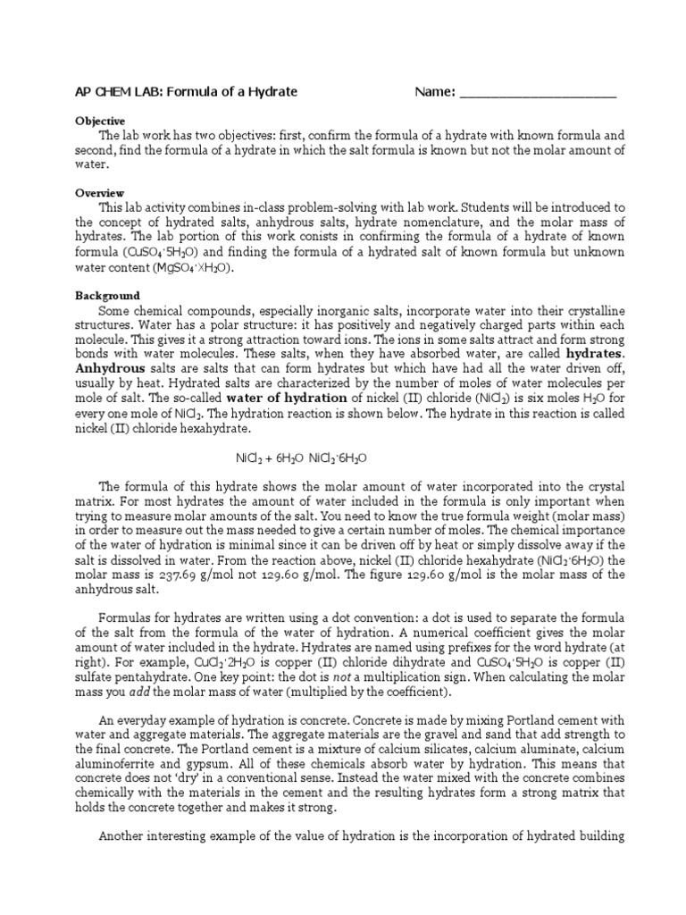 Ap Chem Lab Formula of A Hydrate Download Free PDF Properties Of